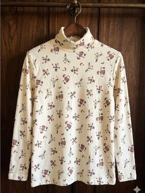 Vintage Snowman Print Turtleneck Winter Holiday Cottagecore Large Cotton